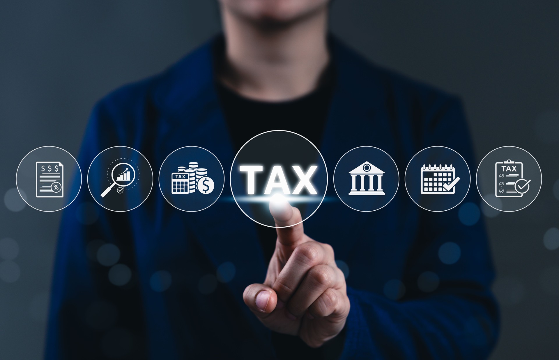 Tax Planning and Financial Compliance Concept. Businessperson points to tax icon on with finance, calendar, and audit symbols representing tax processes. state taxes, documents, reports, taxation,