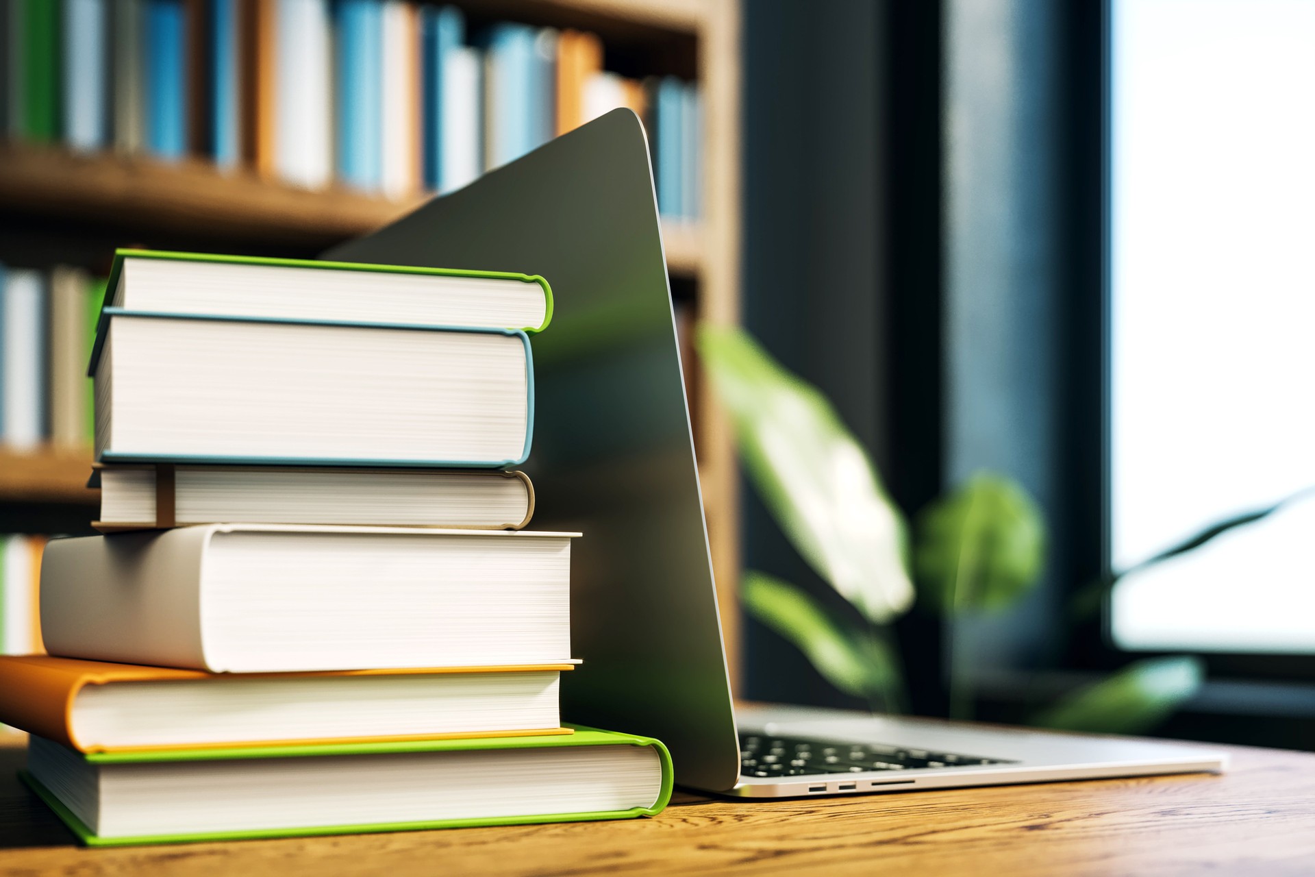 Stack of books next to an open laptop on a wooden desk in a library. 3D Rendering